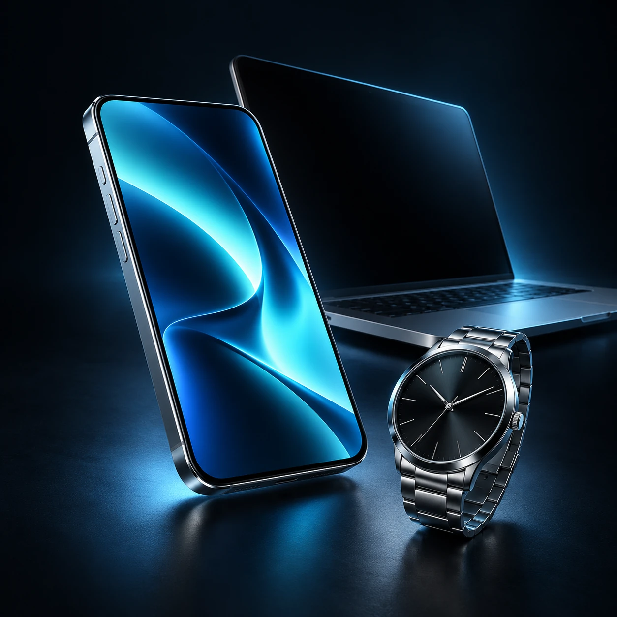 Phone, laptop and steel wristwatch in a blue-lit studio composition